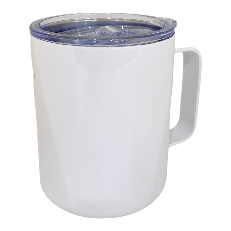 Caneca térmica branca com tampa, pronta para personalizar