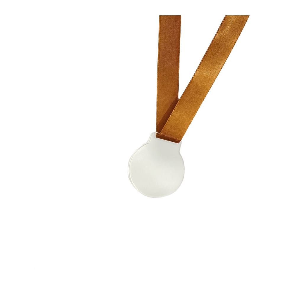 Medalha de acrílico cristal com fita de cetim bronze