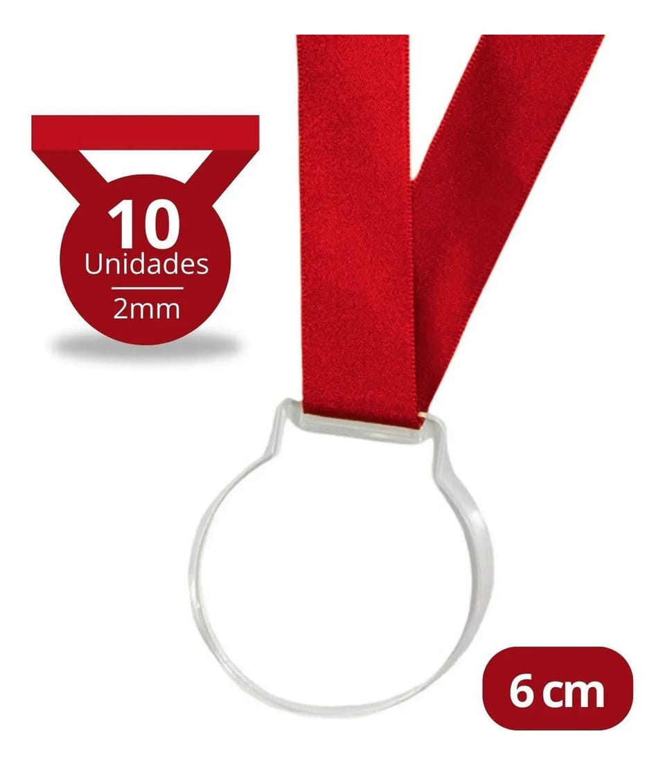 Cinco medalhas de acrílico cristal penduradas em fitas vermelhas